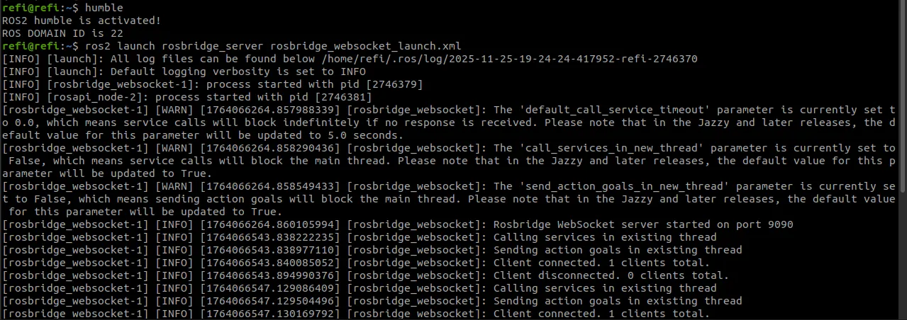 이미지: 터미널에서 rosbridge_server 실행 화면
