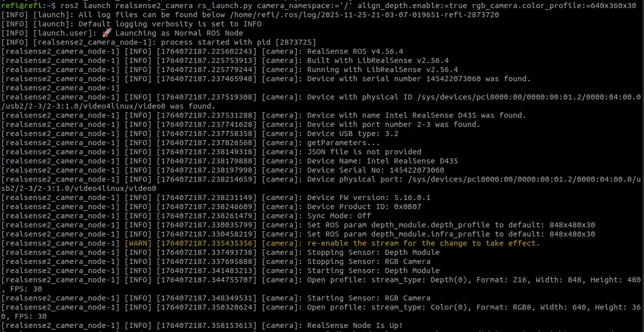 realsense launch 실행한 터미널 화면