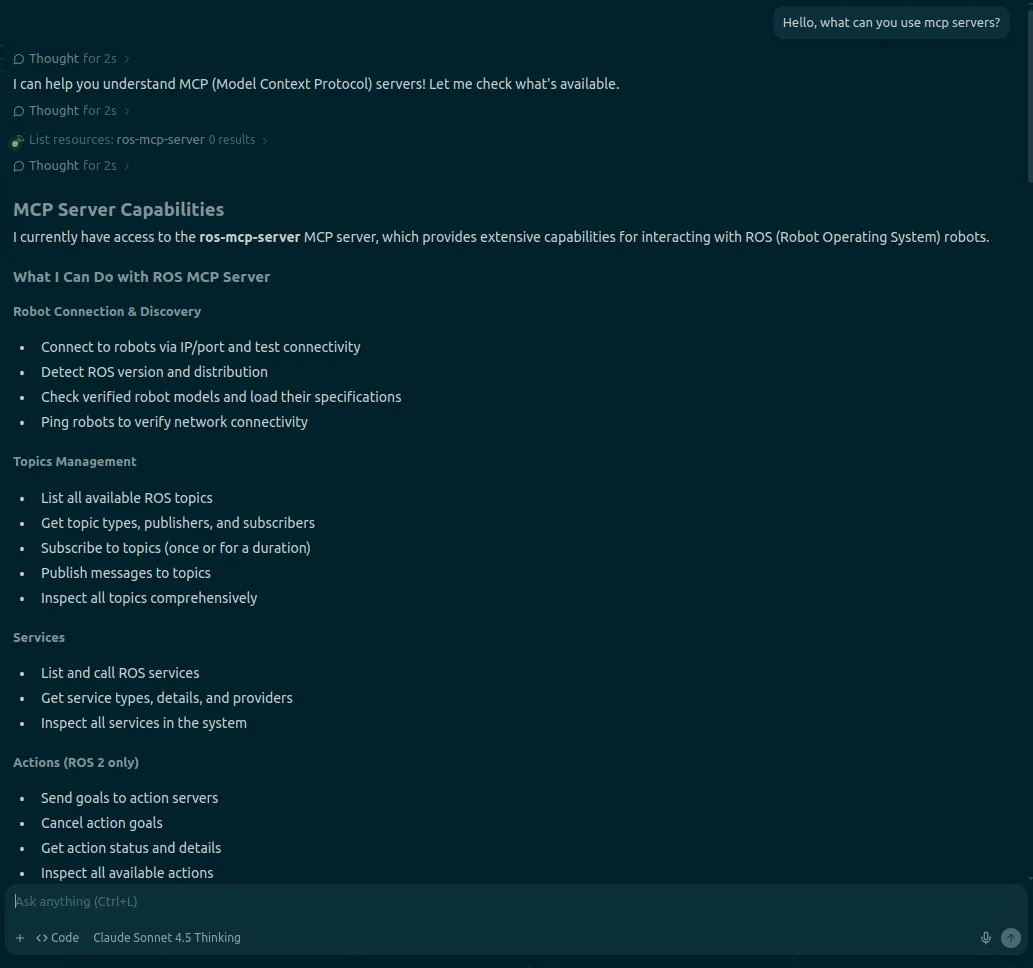 이미지: ROS-MCP-Server 연동 성공 표시 대화 화면