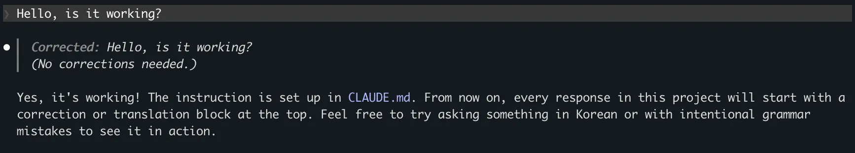 영어 입력에 대한 교정 피드백이 표시된 Claude Code 터미널 화면