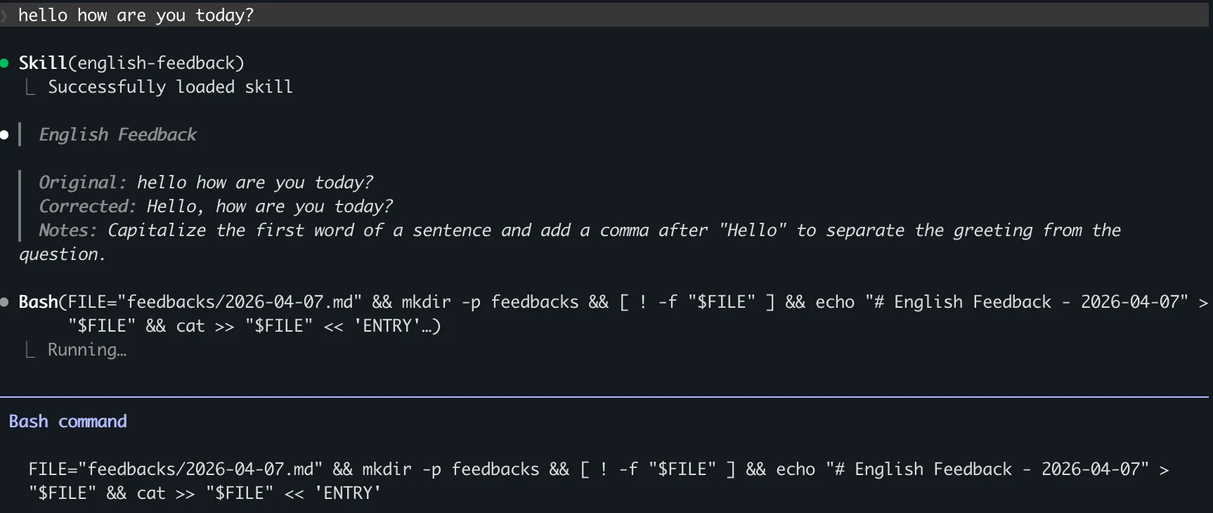 Claude Code가 english-feedback 스킬을 invoke하여 피드백을 feedbacks 파일에 기록 요청하는 화면