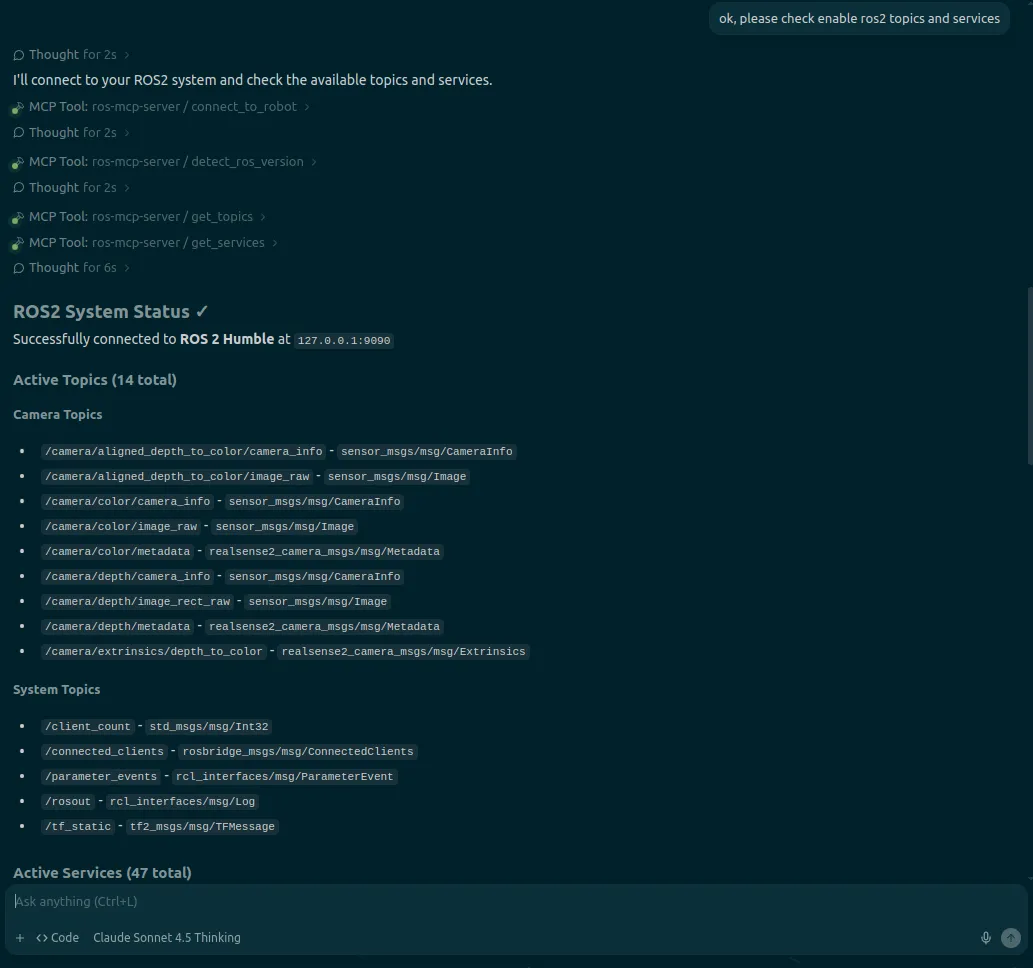 이미지: Windsurf 채팅창에서 ROS 2 System Status와 Active Topics 목록이 출력된 화면
